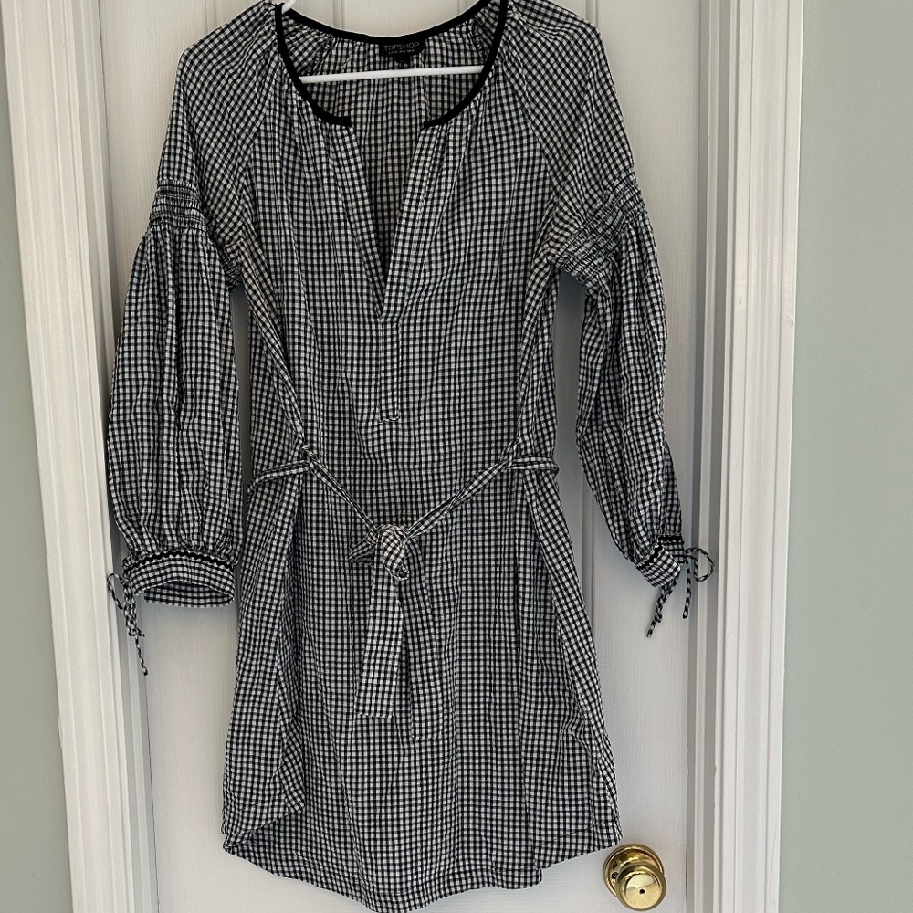Topshop Black Gingham Dress - Smocked Sleeves - size 8